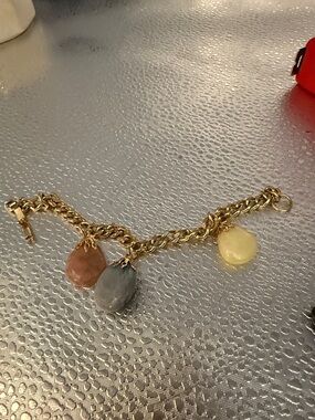 Gold Charm Bracelet with Peach, Gray and Cream Stone Drops